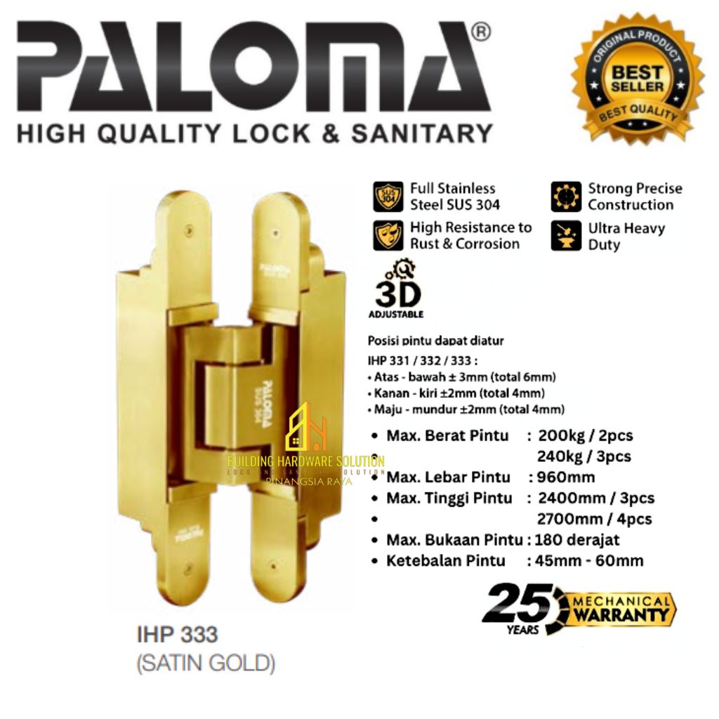 PALOMA IHP 333 ENGSEL TANAM PINTU CONCEALED INVISIBLE HINGE SATIN GOLD