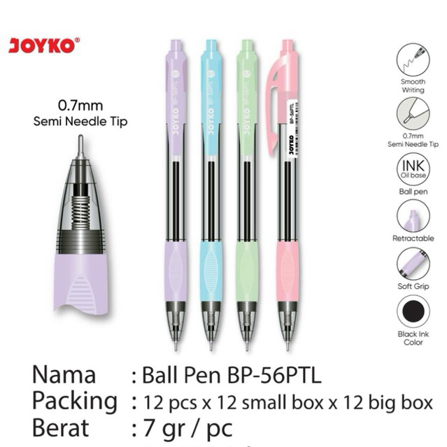 

( 1 pcs ) BP 56 PTL Joyko Ballpen Cetrek Semi Needle 0,7mm hitam / Pulpen Bp56 Pastel / Retractable Pen / Pena Soft Grip / Bolpoin BP-56PTL