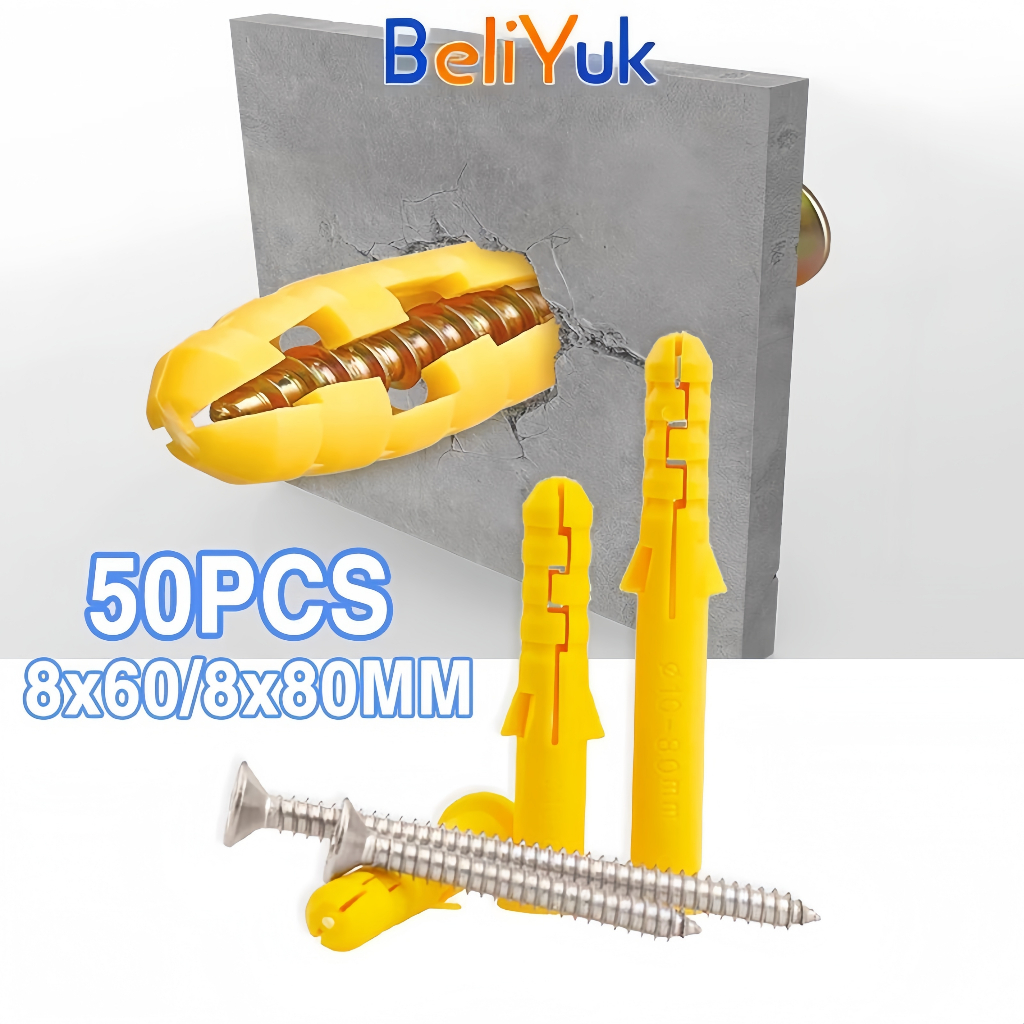 50set Angkur Baut Tembok Sekrup Dinding Tembok Angkur Nylon Wall Anchor Kuning Fisher Tembok + Sekru