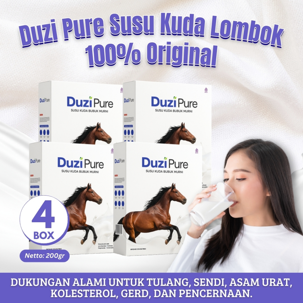 

Duzi Pure - Susu Kuda Lombok Original Atasi Nyeri Sendi & Tulang Bubuk 200 Gram 4 Box