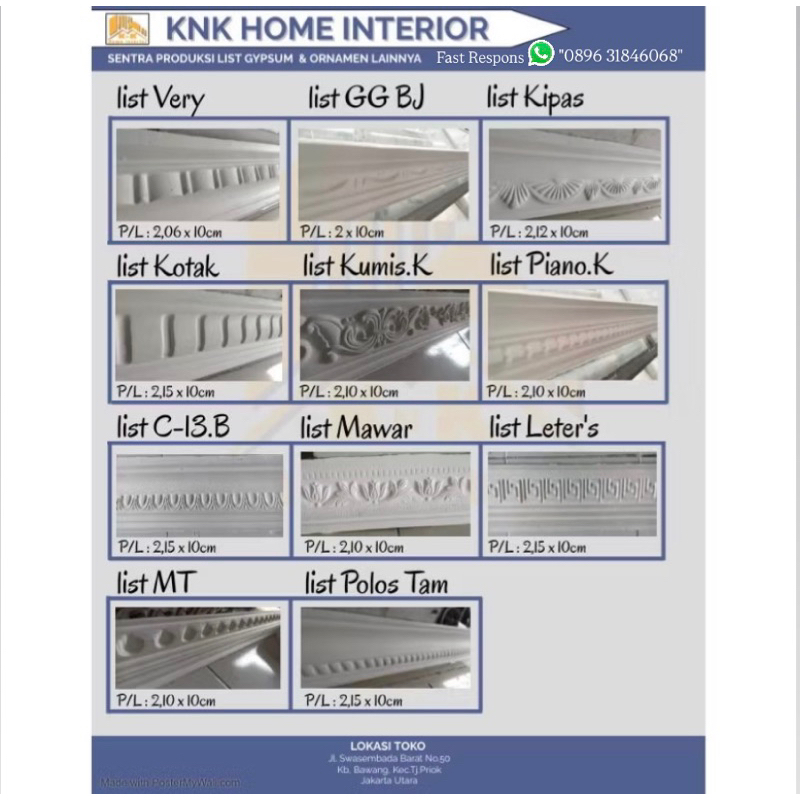 List Gypsum 10cm / Lis Gypsum Motif Kembang & Simpel / List Plafon Gypsum / List Minimalis / List Di