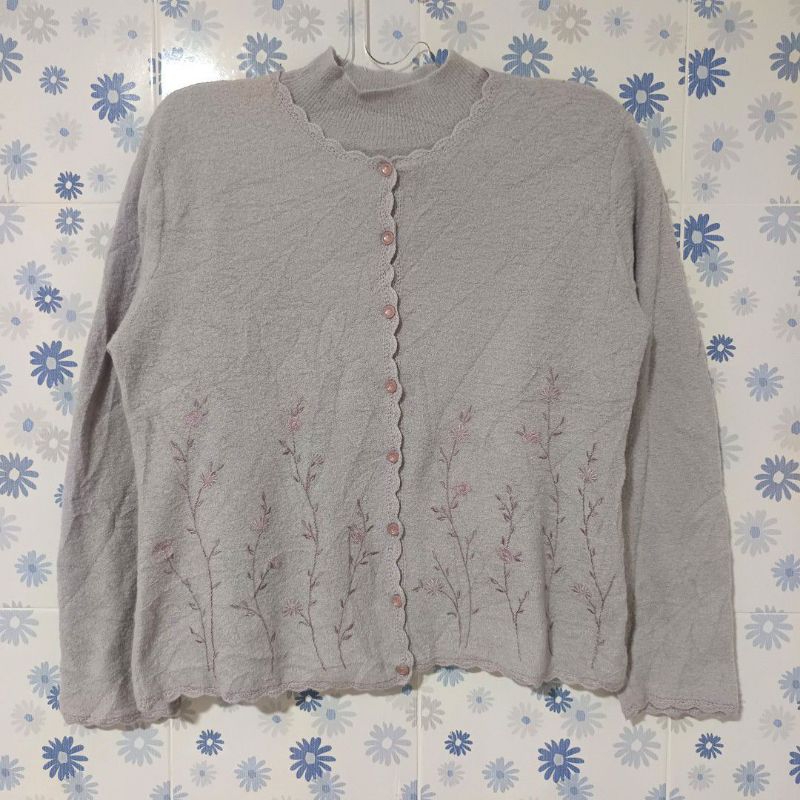 2 in 1 CARDIGAN PLUS T-SHIRT KAOS RAJUT LILAC BORDIR BUNGA NOT UNIQLO GU ZARA