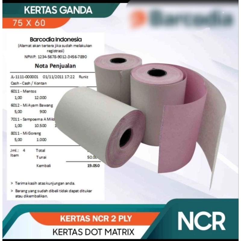 

Kertas struk kasir NCR 2PLY PUTIH MERAH 75x60 paket 10 pcs