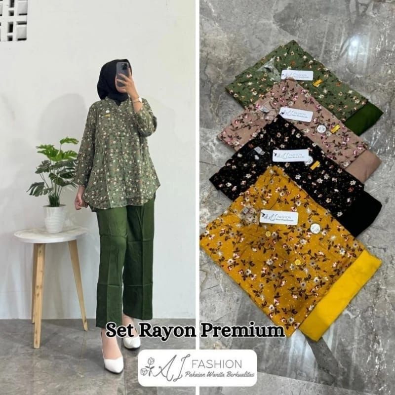 Setelan Tunik Motif Bunga + Celana Panjang - Muslimah Casual Elegan