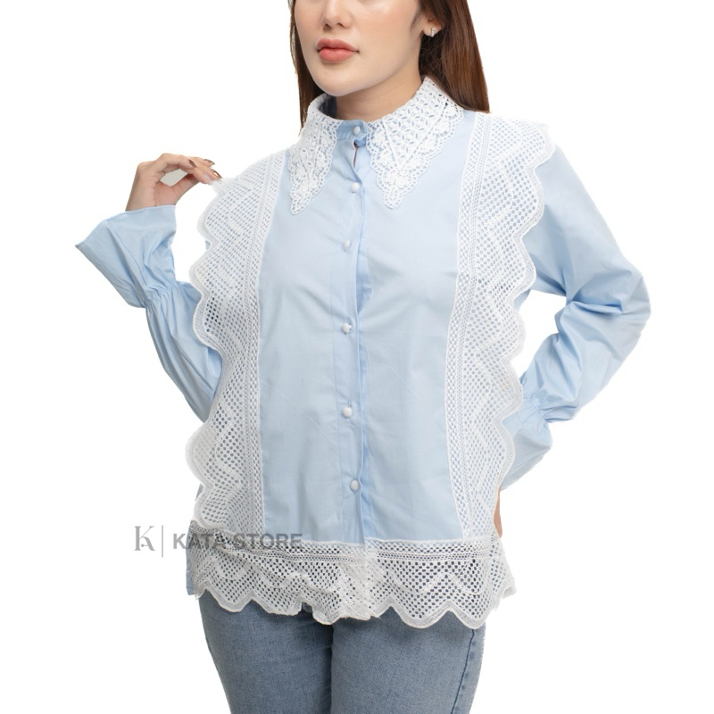 Blouse Ruffle Brokat Elegan – Atasan Wanita Lengan Panjang | Warna Hitam, Blue Ice, Coksu