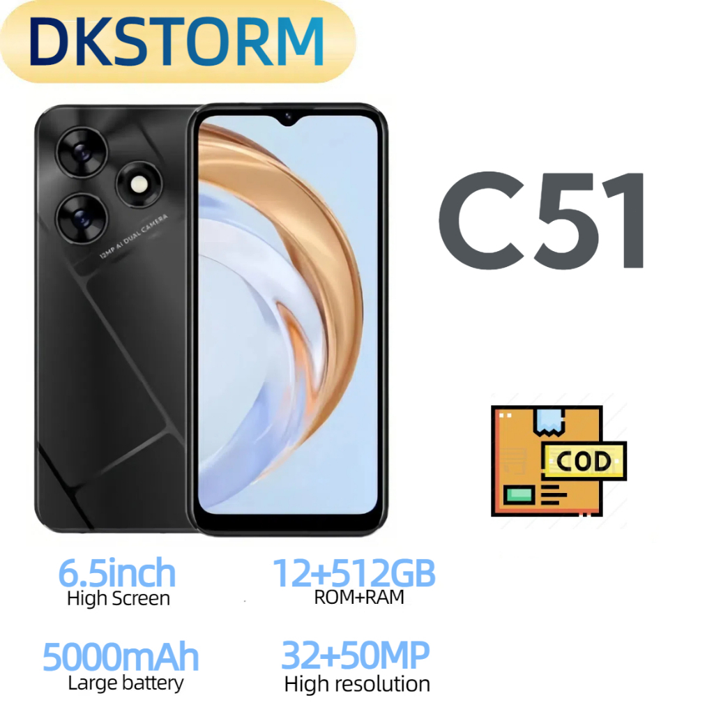 Ponsel Pintar C51 Baterai 5000 mAh 12+512GB Ponsel Pintar Android Layar Penuh 6,5 inci