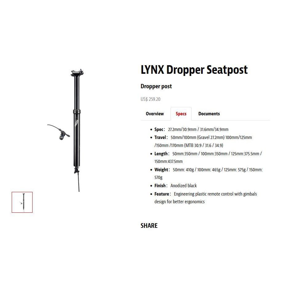 Seatpost Controltech Lynx Dropper Seatpost 30.9x125,150mm,Black