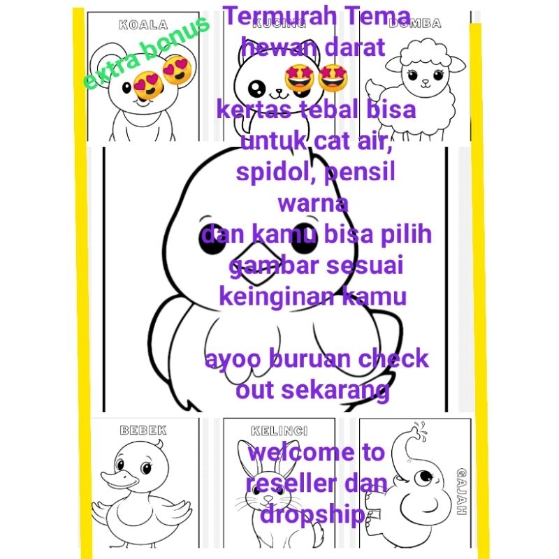 

Kertas/lembar/worksheet mewarnai A5 Murah tema hewan darat