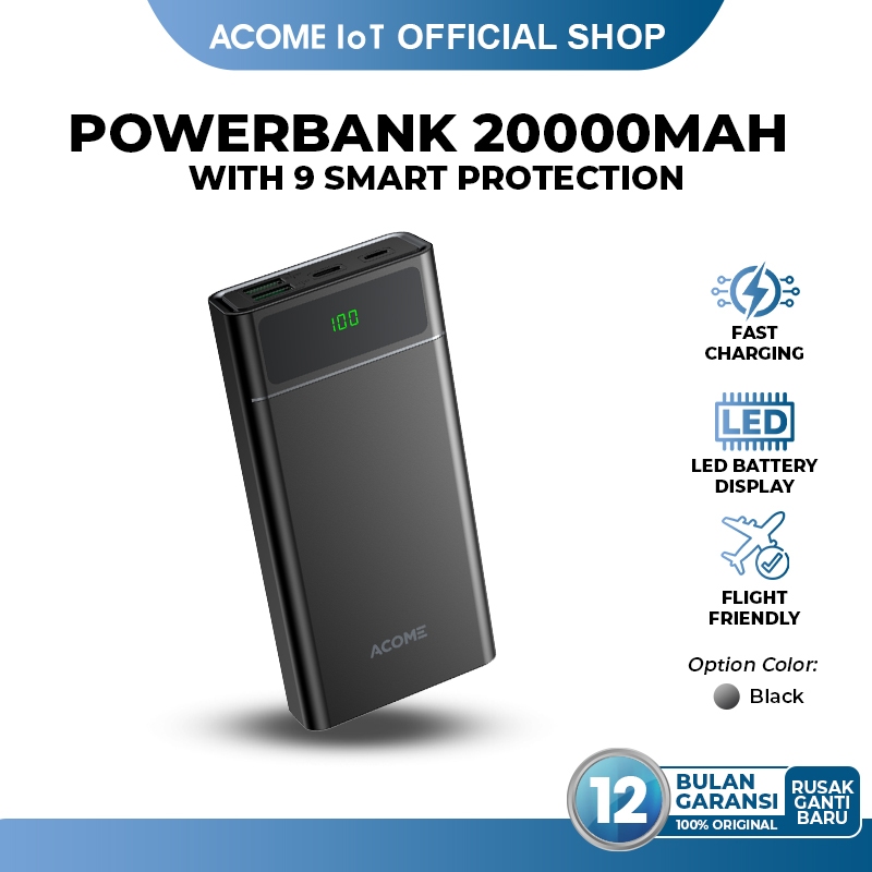 ACOME Powerbank 20000mAh AP201 Fast Charging LED Display Dual Input & Three Output for
