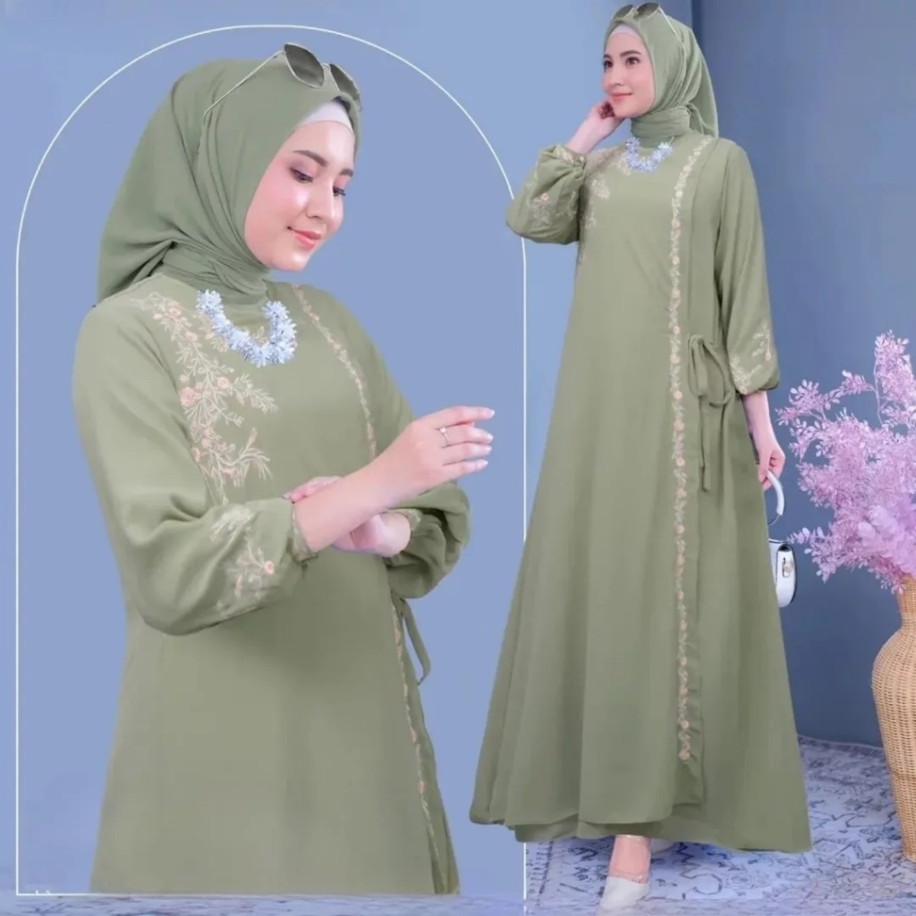 Ganisha Dress [COD] - Dress Kondangan Simpel Elegan Hijab / Gamis Ceruty Motif / Gamis Ibu Ibu Lebar