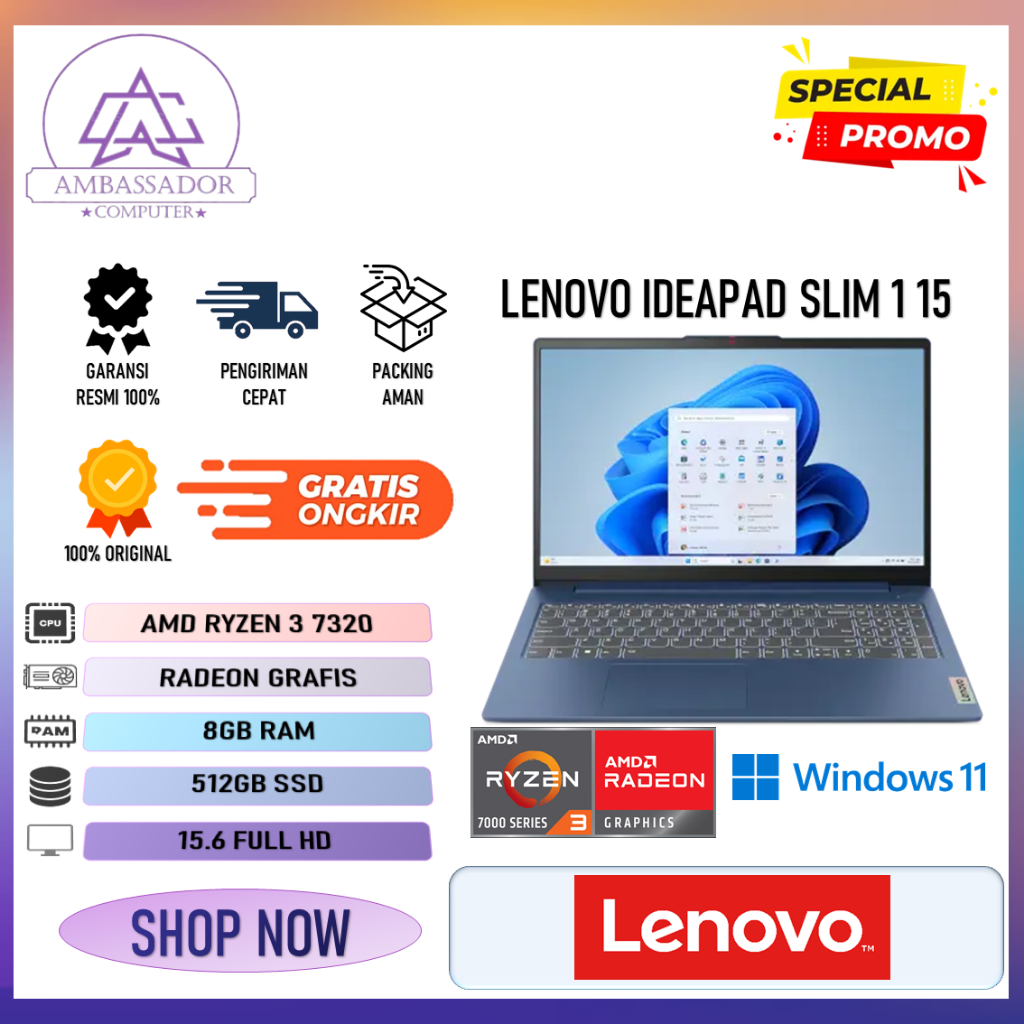 Lenovo ideapad slim 1 15 amd ryzen 3 7320 ram 8gb 512gb layar 15.6" fullhd