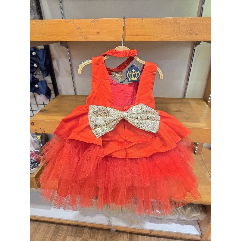 Dress gaun pesta red pita gold anak