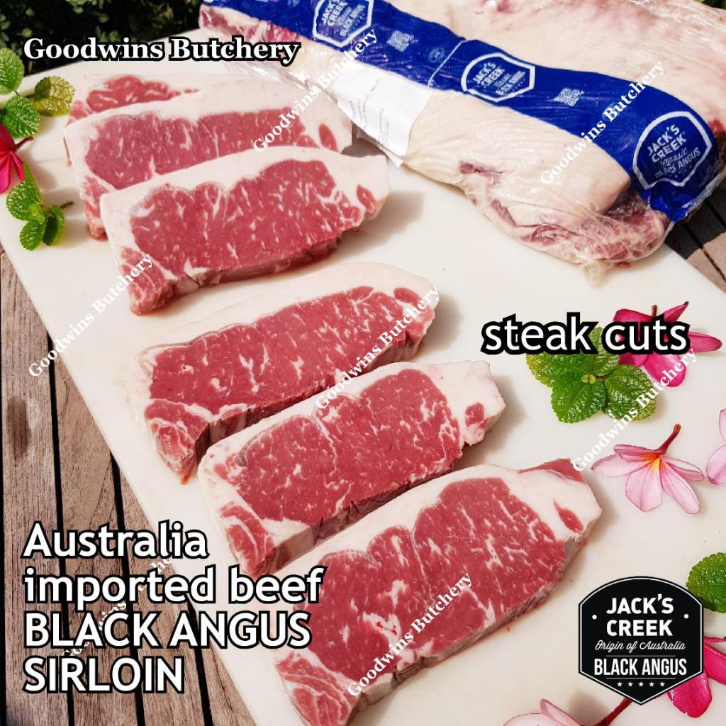 

Beef SIRLOIN BLACK ANGUS marbling MB-2 STEER (young cattle) Australia Jack's Creek frozen STEAK CUTS daging sapi has luar Striploin New York strip