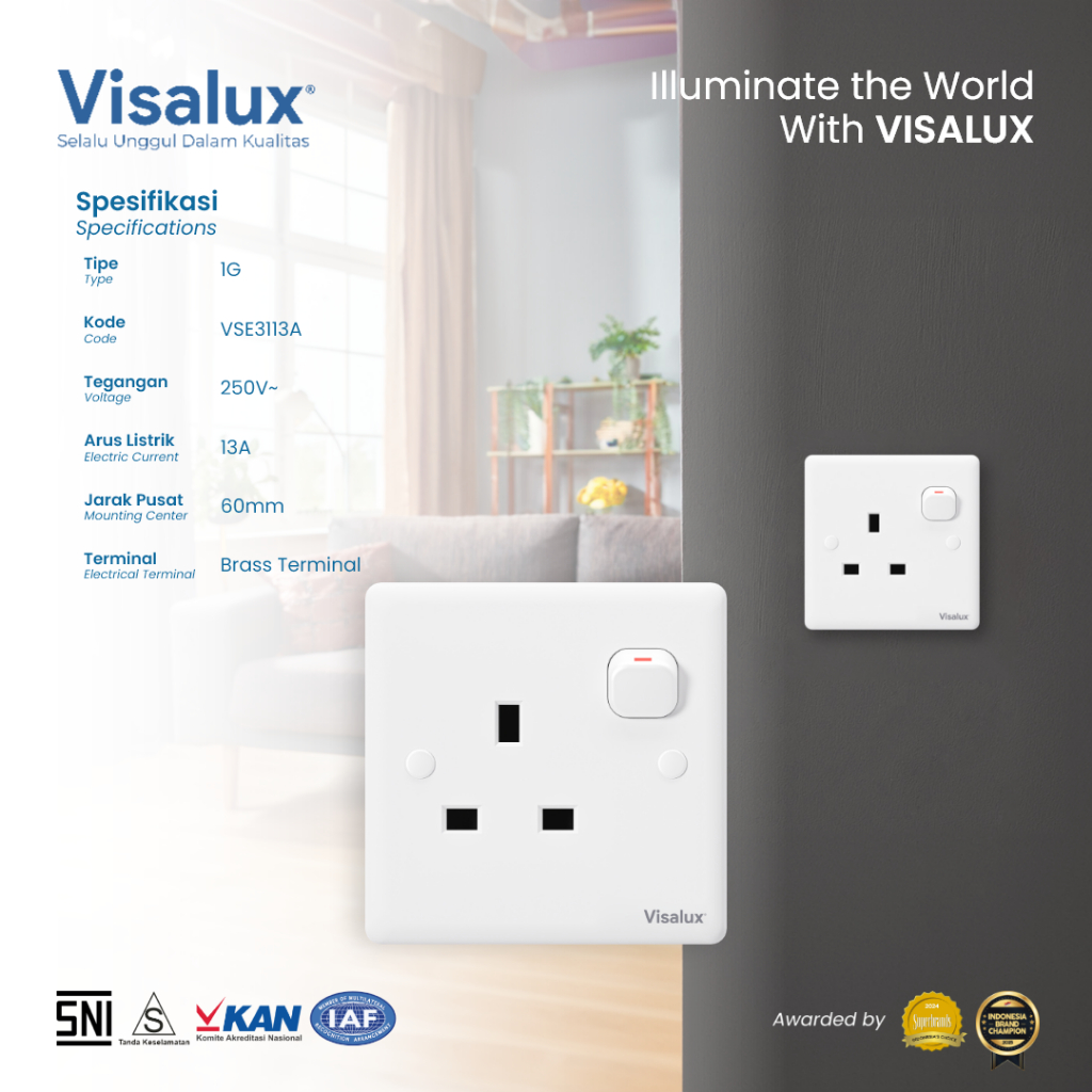 Visalux Stop Kontak E-Series (13A) - 1G White / Stop Kontak Premium (VSE3113A)