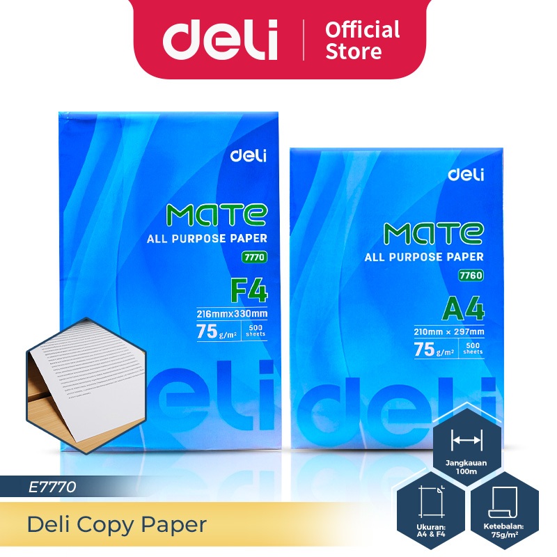 

DELI COPY PAPER KERTAS A4 500 LEMBAR 75 GSM KERTAS HVS 1 RIM E7770
