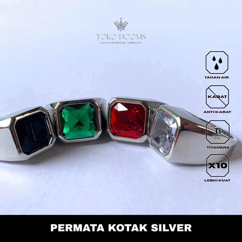 cincin pria mode batu permata kotak silver