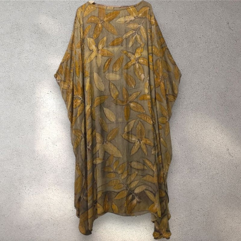 baju wanita simply kaftan sutra viscose ecoprint batik motif cetak daun original