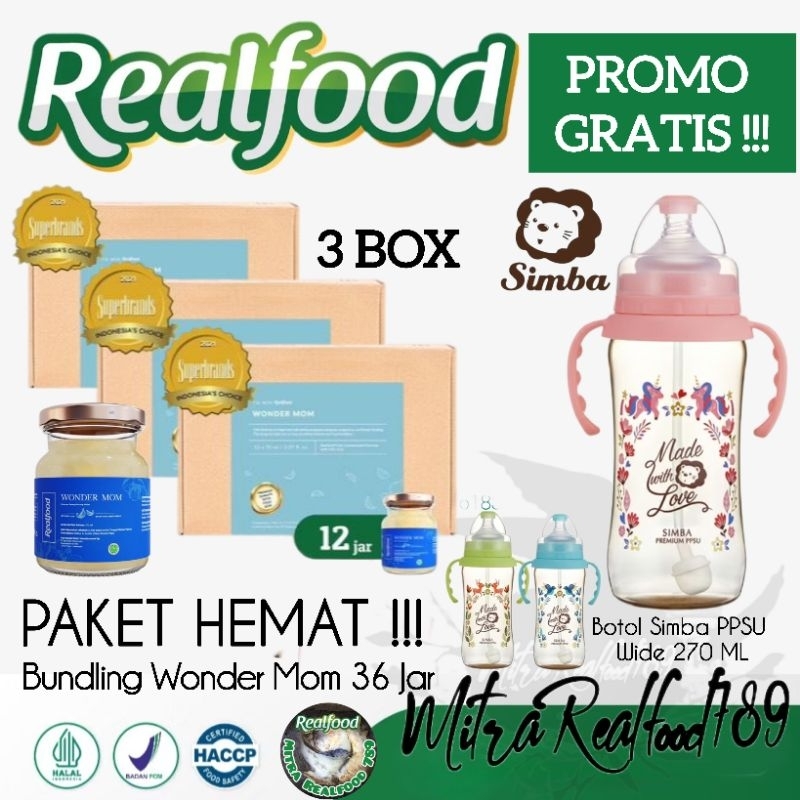 

Realfood Wonder Mom Package 3 Box ( 36 Jar ) Free Botol Susu Simba Wide Wonderland 270 ML