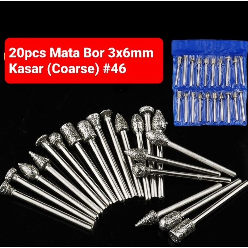 20pcs Mata Bor head 6mm as 3mm Grit Kasar #46 ukir kikir grafir tunner gerinda pahat cuner batu gran