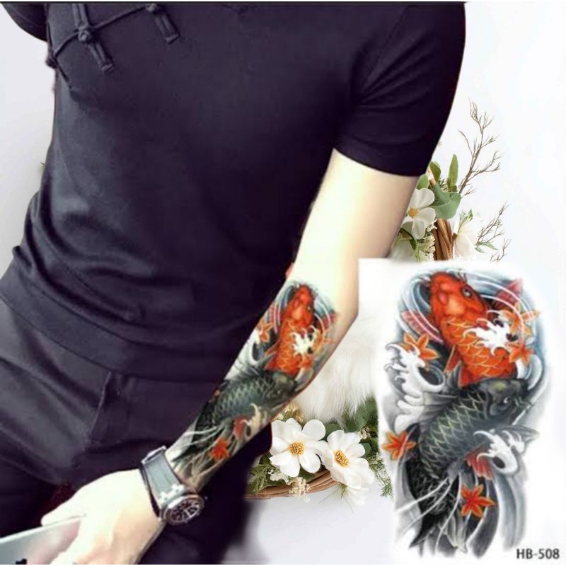 Sticker Stiker Tato Tatto Temporer Temporary Seri HB 508 IKAN KOI HITAM MERAH KEBERUNTUNGAN  - Tatto