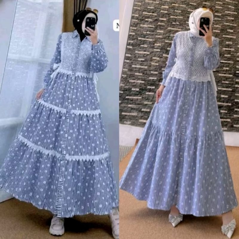 fatimah dress gamis katun salur kombinasi brukat renda mewah