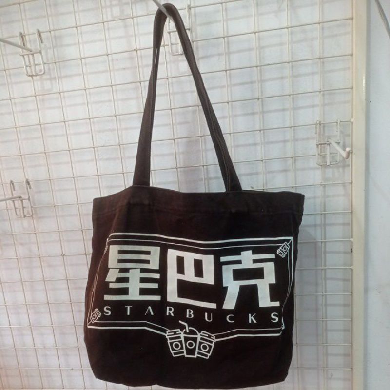 STARBUCKS black canvas tote bag-preloved -alas 14x30cm tinggi 28cm