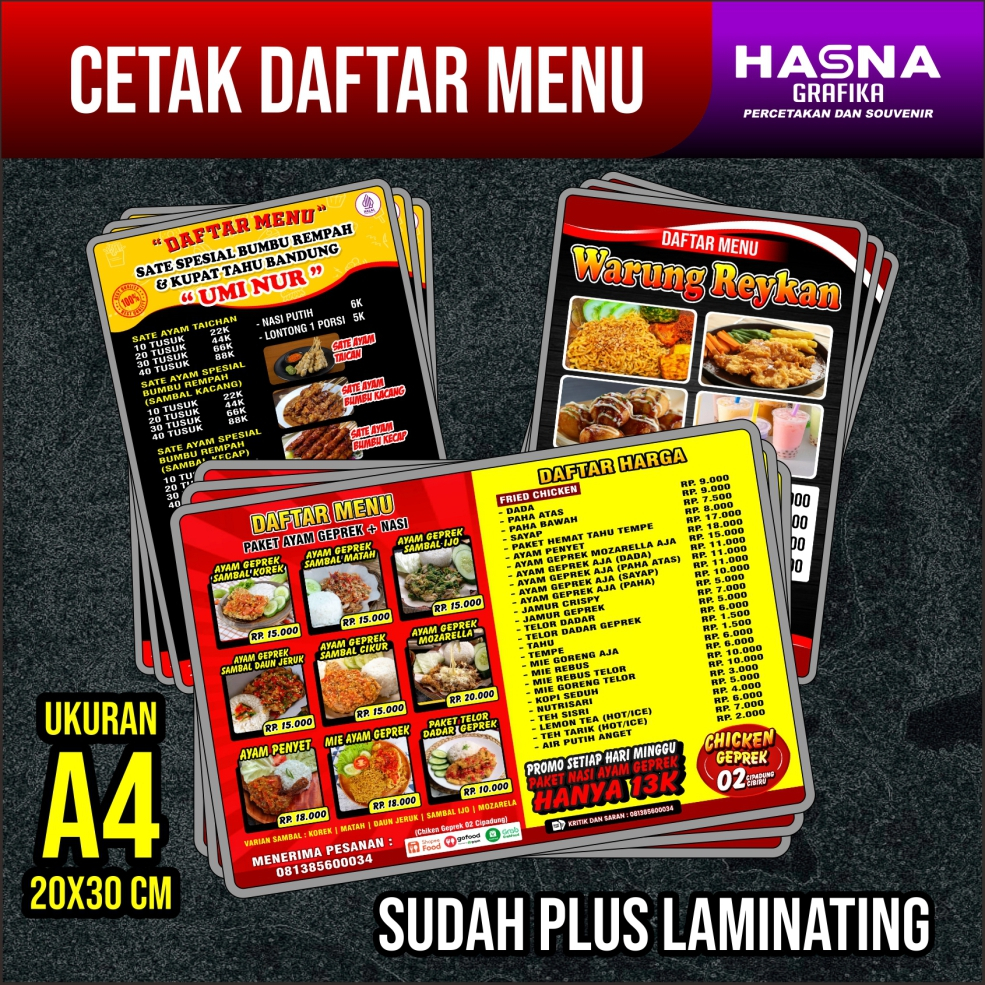

Cetak Daftar Menu AP210 Toko / Restoran sudah + laminating anti air ukuran A4