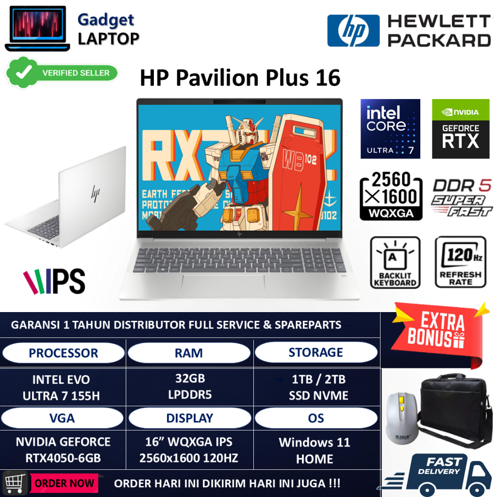 Laptop Hp Pavilion Plus 16 Intel Evo Ultra 7 155H 32GB DDR5 2TB RTX4050 WQXGA IPS 120Hz Windows 11