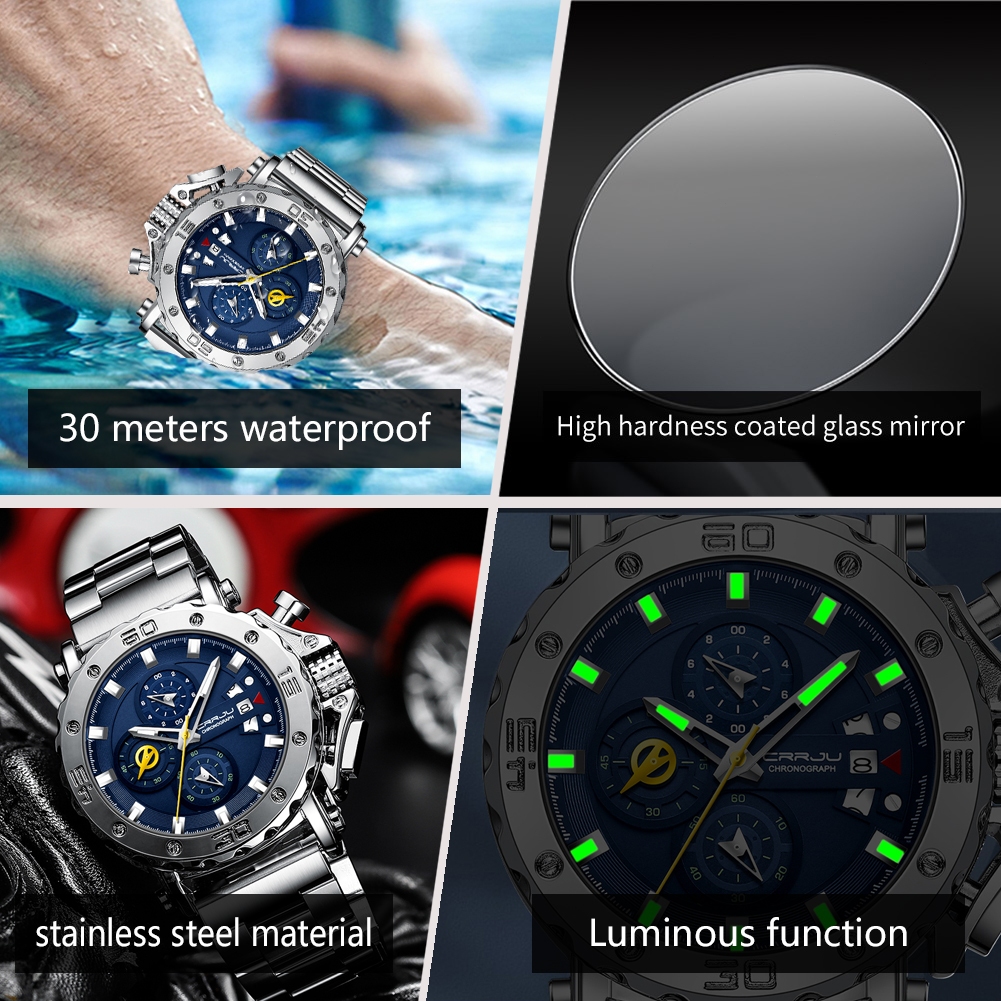 Terbaru Crrju Jam Tangan Pria Militer Multifungsi Kasual Cowok Olahraga Chronograph Tahan Air