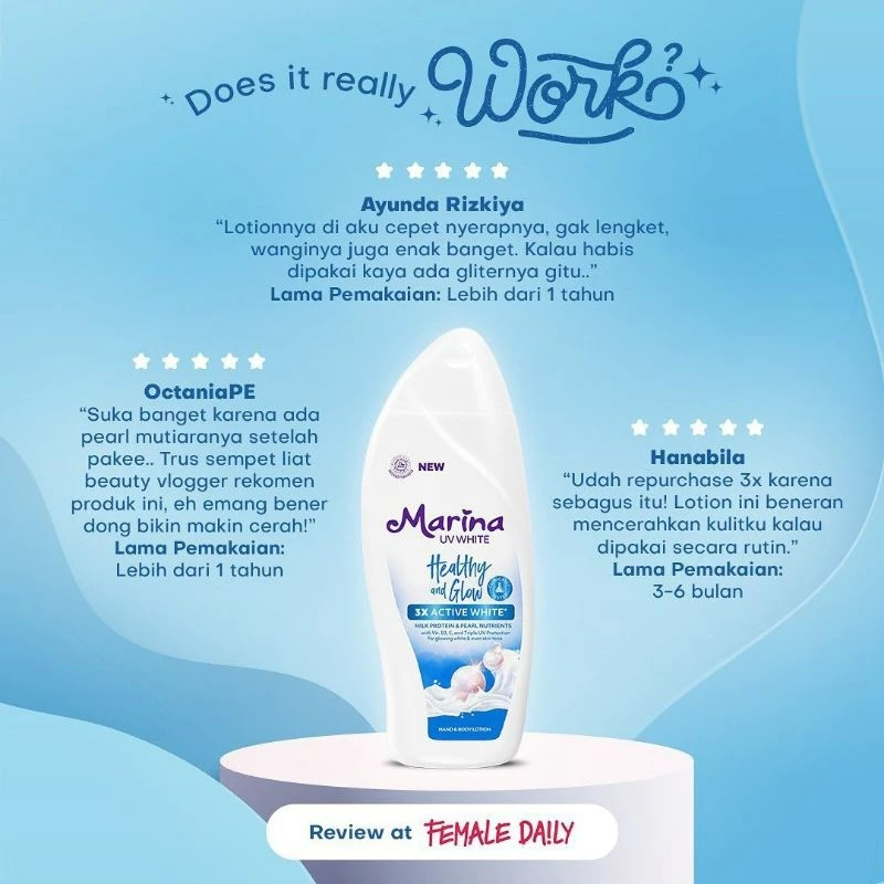 Marina Hand Body Lotion Biru Mencerahkan UV White Healthy and Glow / Body Lotion Marina Biru