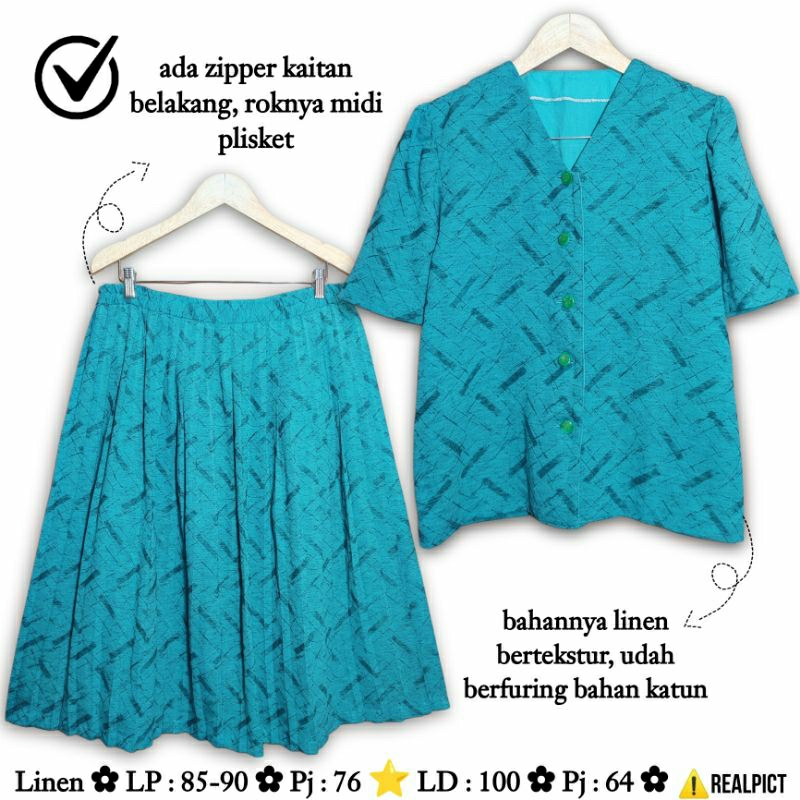 Setelan Vintage Size M L Blouse + Rok Plisket Midi Hijau Biru Tosca Motif Linen Abstrak Premium Teba