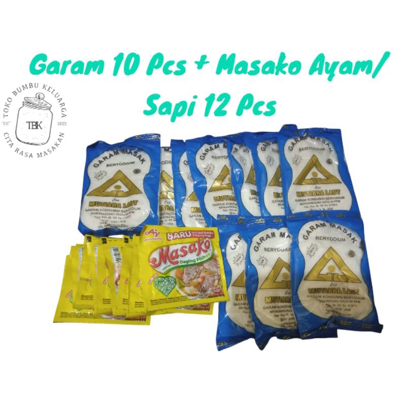

Masako 12 Pcs (8,5 g) + (Garam 100 g) 10 Pcs paket Murah Garam Mutiara Laut penyedap Rasa Ajinomoto Daging Ayam dan sapi