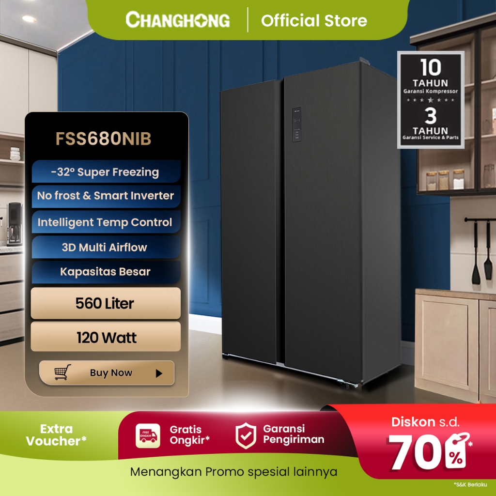 CHANGHONG Kulkas 2 Pintu Side by Side  FSS680NIB [560 L] ( Kulkas Inverter) (Kulkas Anti Bunga Es) (