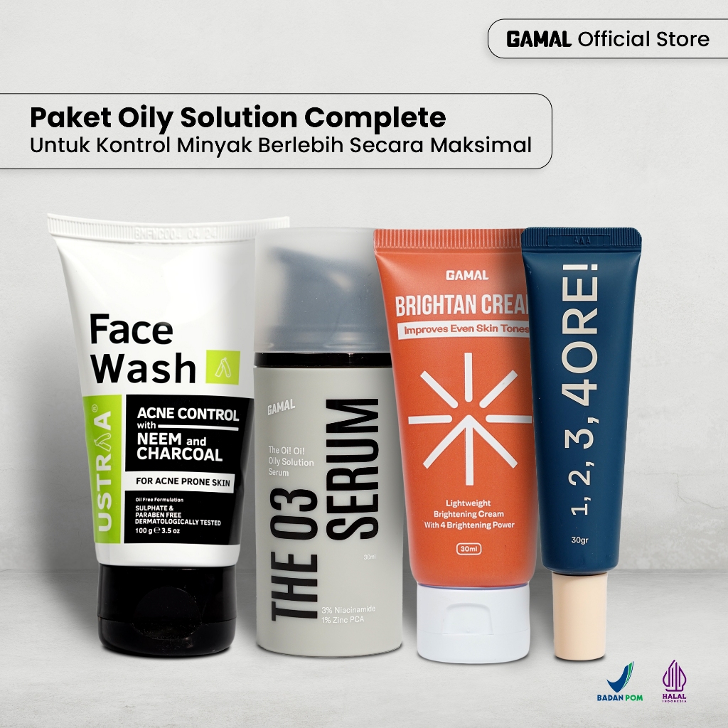 GAMAL | Paket Oily Solution Complete | Ustraa Facewash Neem + The O3 Serum + 1,2,3,4ORE Mattifying P