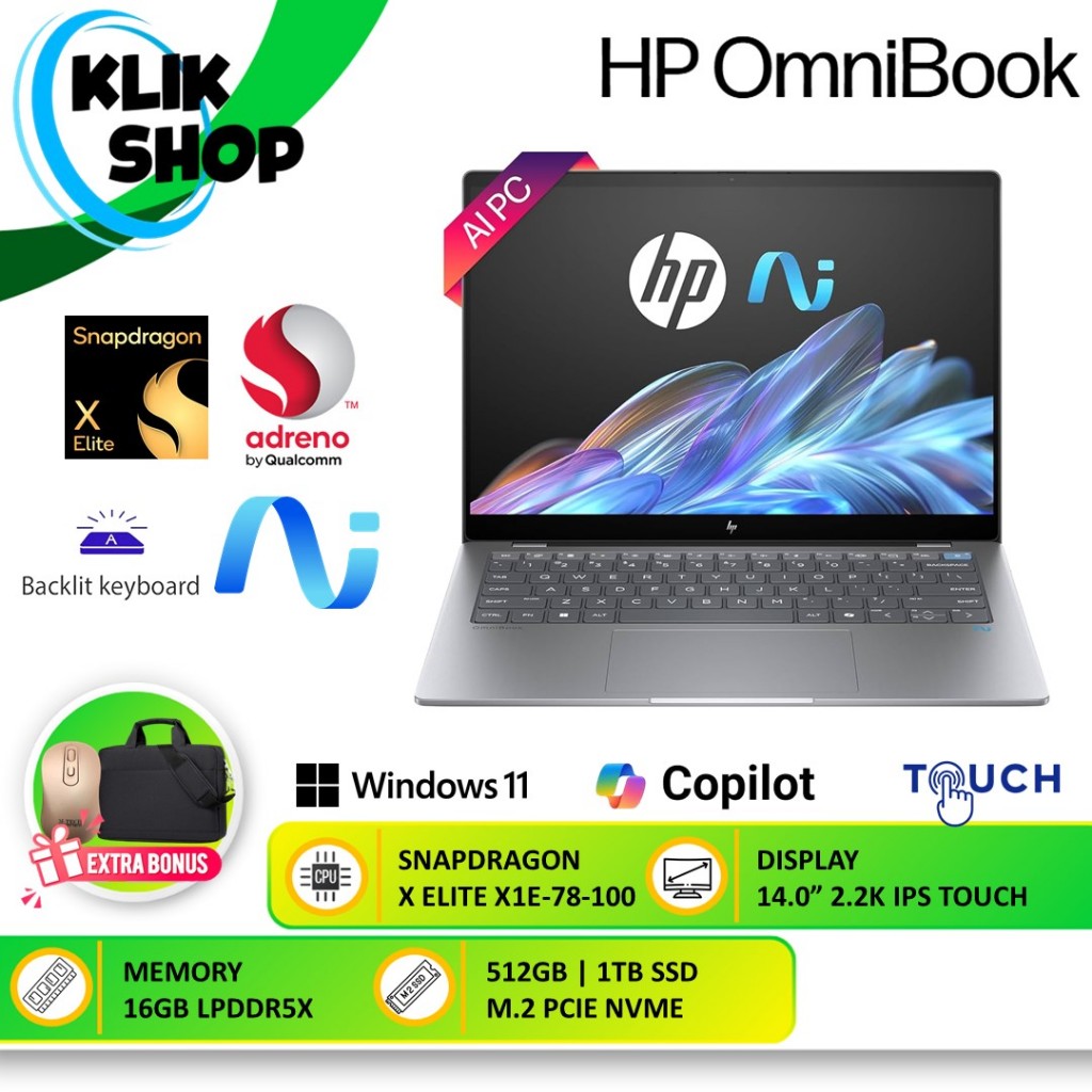 HP OmniBook X 14 Snapdragon X Elite Laptop Premium Tipis Kencang Windows 11