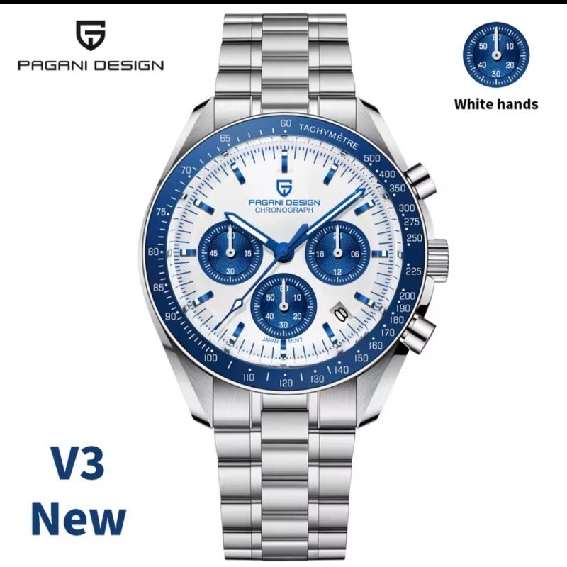 NEW PAGANI DESIGN SPEEDMASTER MECAQUARTZ SEIKO VK63 SAFIR DOME + AR COATING SOLID STEEL 316 L WR 100