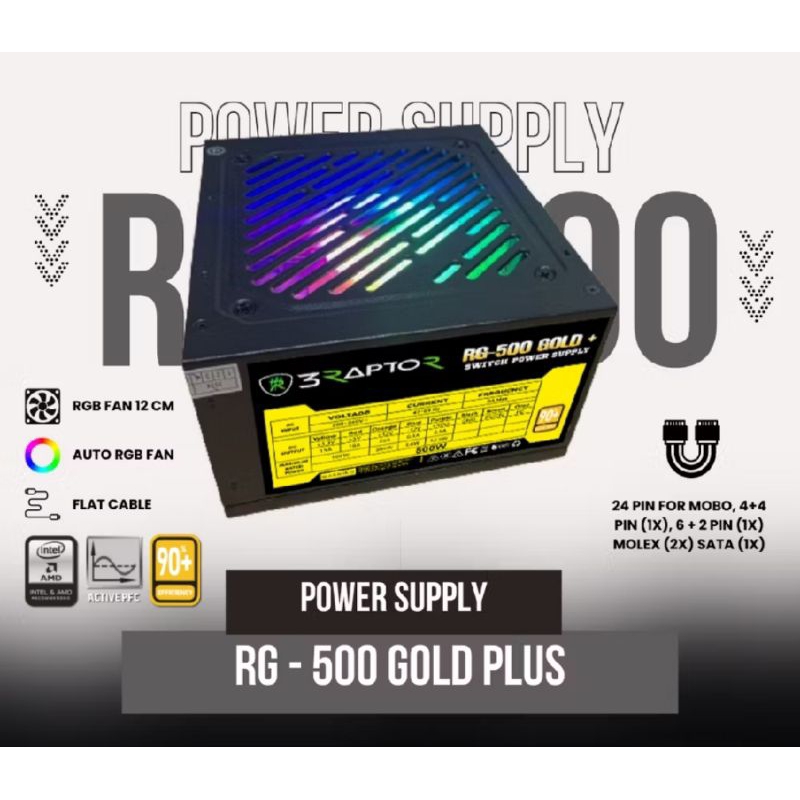 Power Supply PSU Gaming RAPTOR RG-500 GOLD+ / PSU PURE 500Watt 80+ Fan RGB