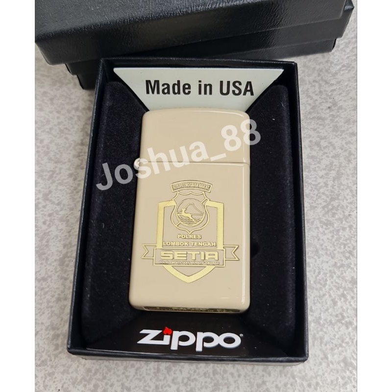 Zippo Original Korek Api Slim Ukir Logo Polres Lombok Krem Bisa Request Gambar Logo Sendiri