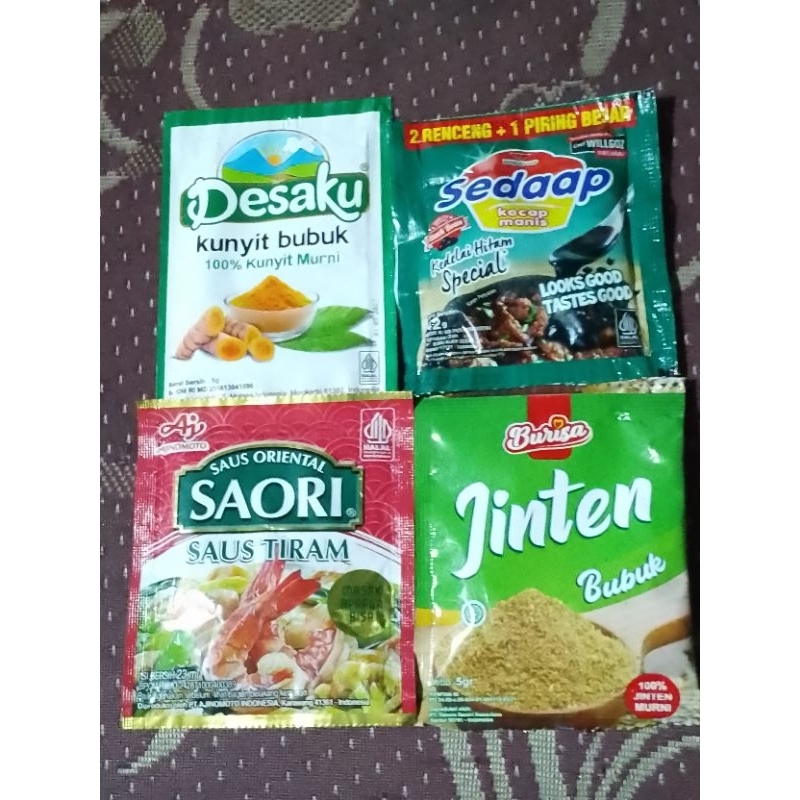 

Kecap Sedaap+Kunyit Bubuk+Saori Saus Tiram+Jinten bubuk 5 gram Paket 3K (TRB89)