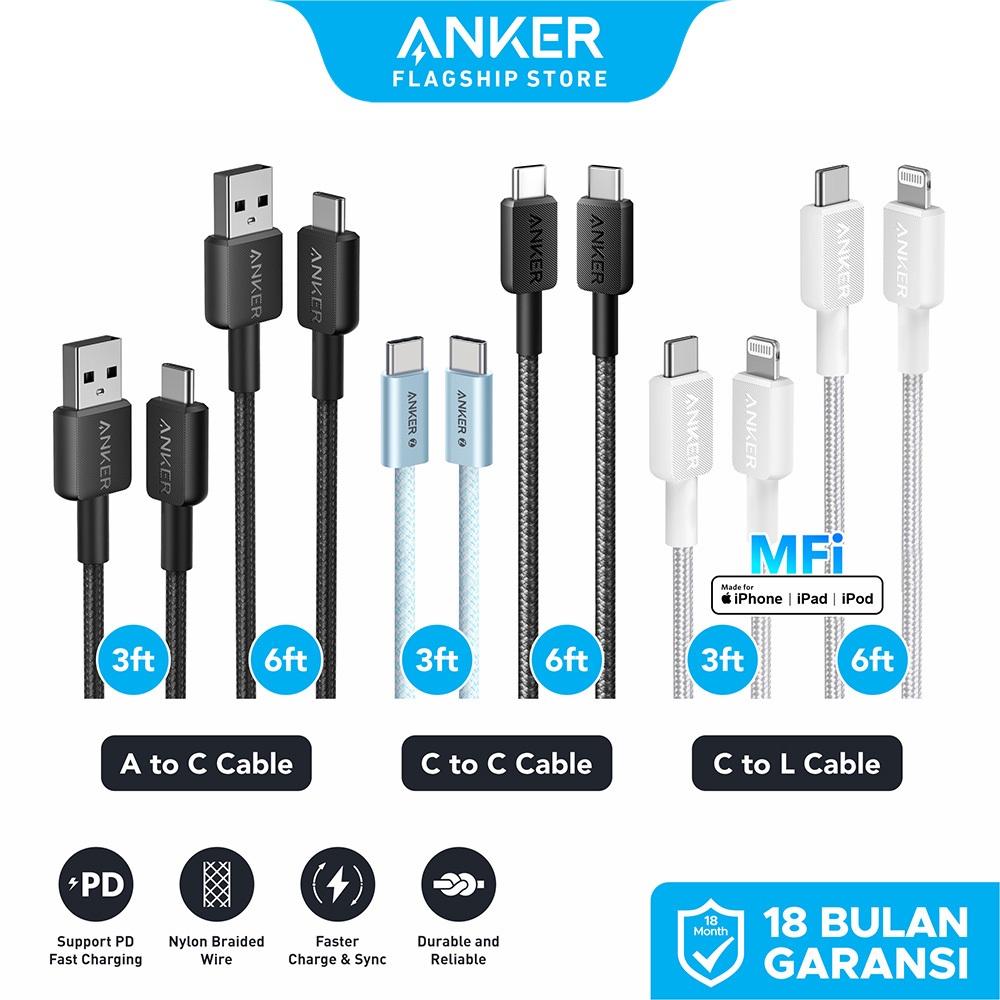Anker Kabel Data MFi iPhone X 11 12 13 14 15 16 PD USB A Type C to C and Lightning Fast Charging 15W