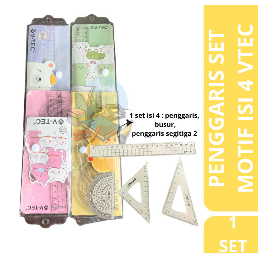 

[1 SET] Penggaris Set Plastik Bening Murah / Garisan Busur Ruler Set Isi 4 In 1 Motif Cewe Cowo Vtec