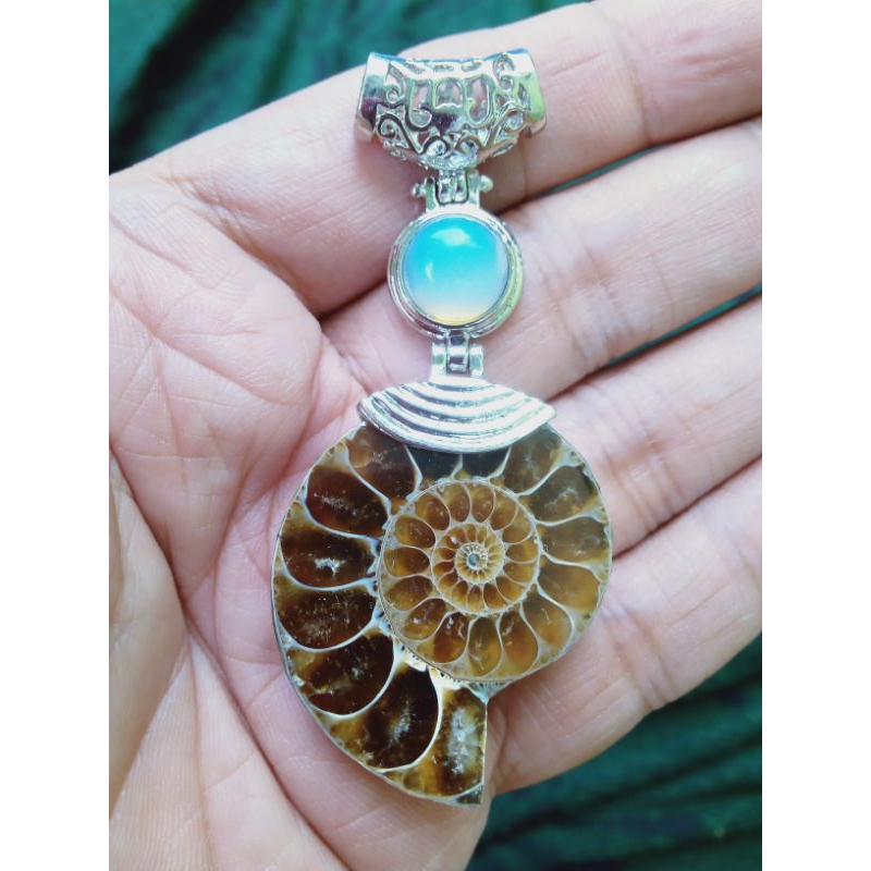 Liontin Batu Kristal Keong Ammonite Lawasan Batu Barjad Api