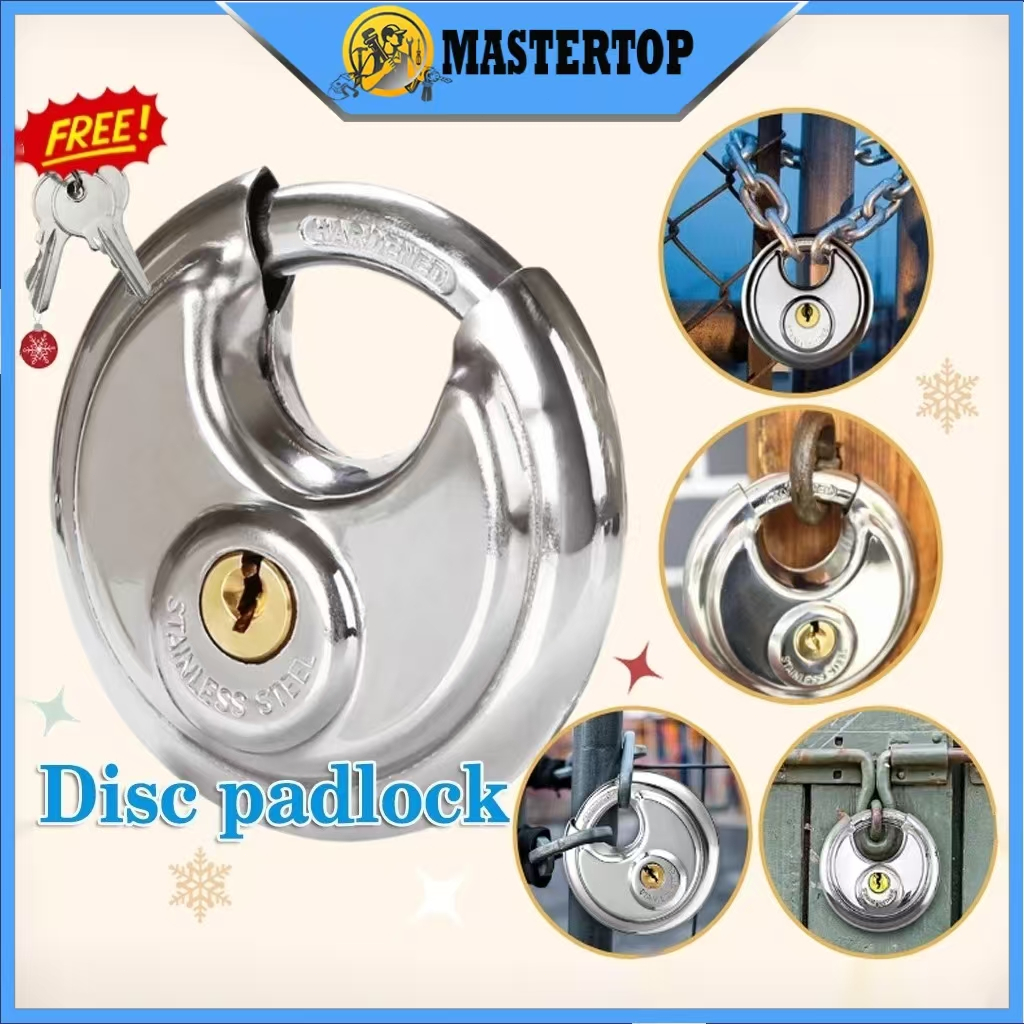 【READY 】70/90mm Gembok Baja Tahan Karat Kunci Cakram dengan 2 Kunci Melindungi Pintu Rumah, Sepeda, 
