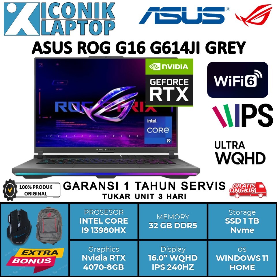 Laptop Gaming ASUS ROG STRIX G16 Intel Core i9 13980HX 32GB 2TB SSD Nvidia RTX4070 8GB 16.0 IPS GREY