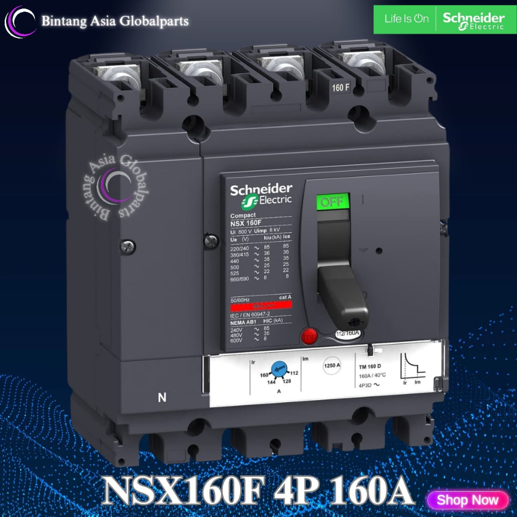 MCCB 4 Phase 160 Ampere Schneider LV430640 Original / MCCB 4p 160a 36kA NSX160F / Breaker 4 Pole 160