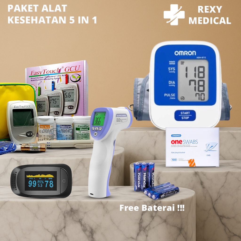Paket Lengkap Alat Kesehatan 5 in 1 Tensimeter Digital Omron 8712 Original Oxymeter Thermometer GCU 