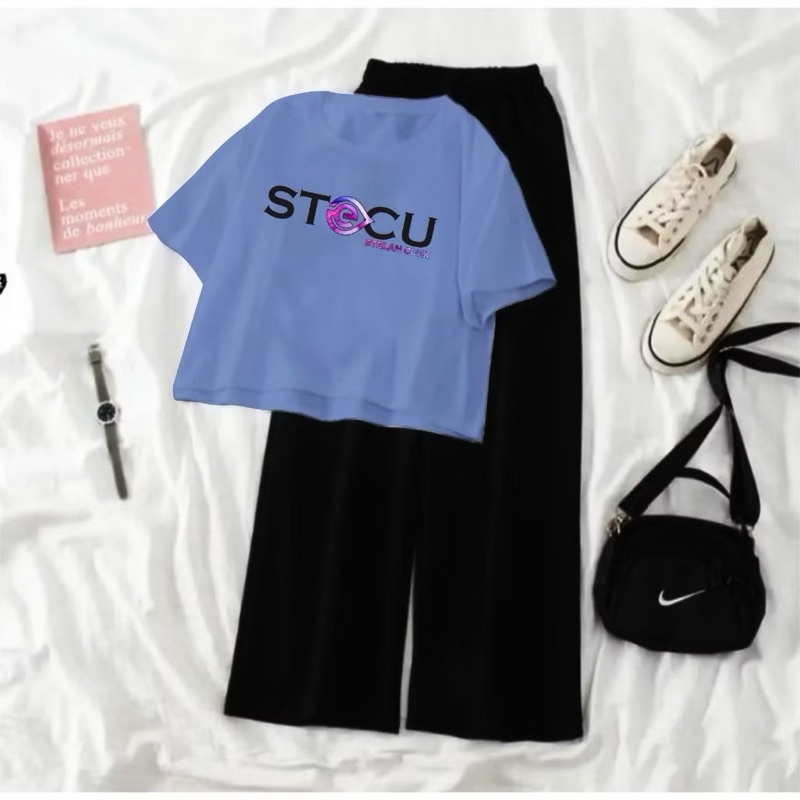 SETELAN CROP WANITA STECU KOREAN STYLE KOMBINASI CELANA PANJANG