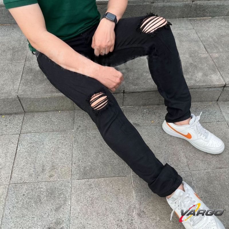Celana jeans panjang pria sobek lutut denim skiny