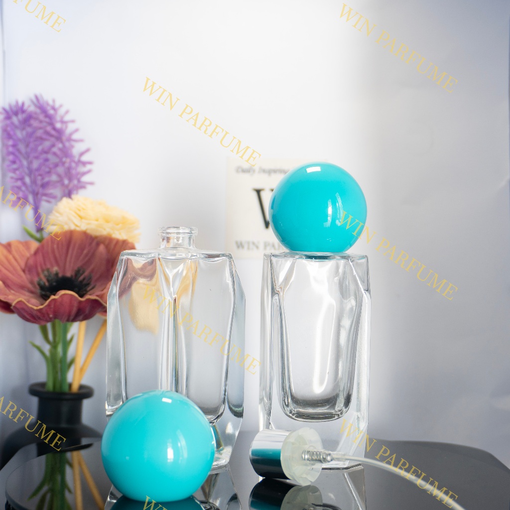 Botol Parfume Mewah 50ml Crystal Diamond Semi Press Tutup Bulat Biru Ring Spray Silver