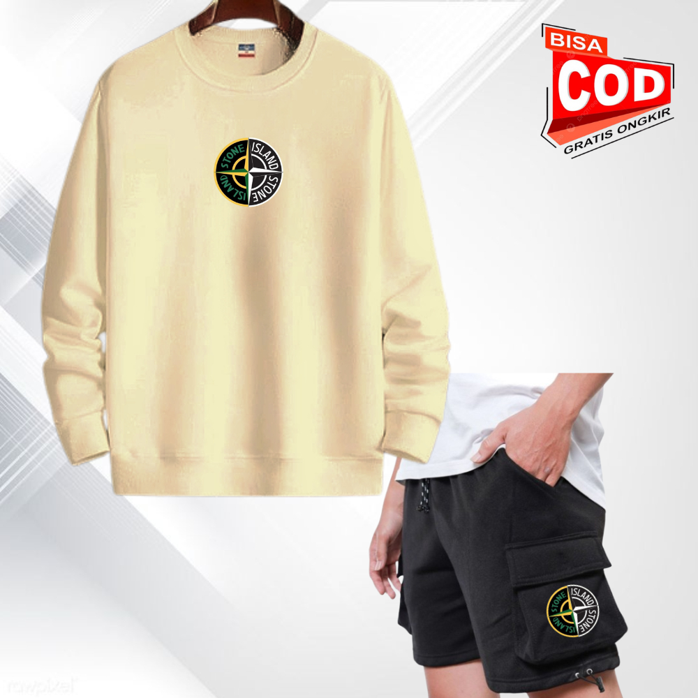 Setelan Outfit Crewneck Switer & Celana Pendek Pria Wanita Distro Stelan Sweater Celana Cargo Bahan 